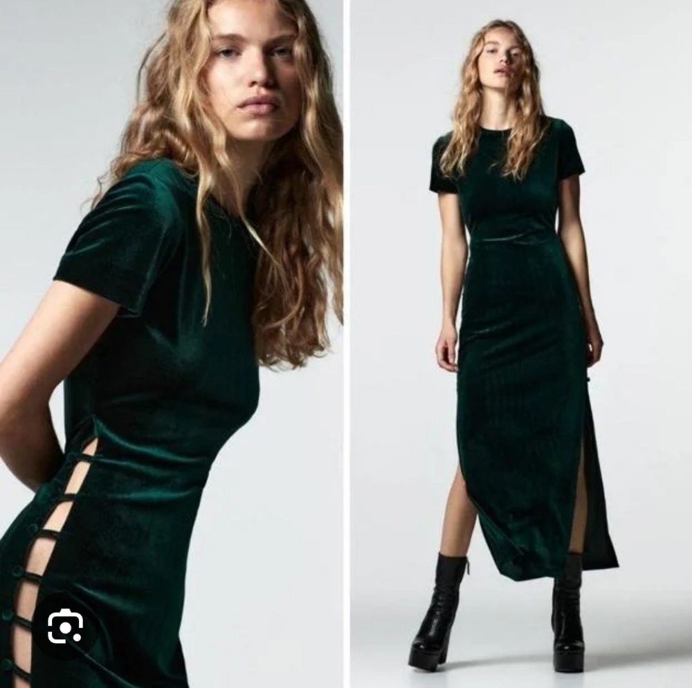 Zara Dark Green Velvet Backless Side-Slit Dress